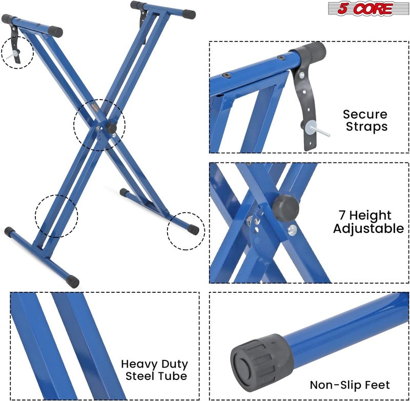 5 Core Piano Keyboard Stand Double X Heavy Duty 7 Adjustable Height Digital Electric Synthesizer Music Stands For 61 76 88 Keys w Secure Locking Strap - KS 2X BLU - Image 4